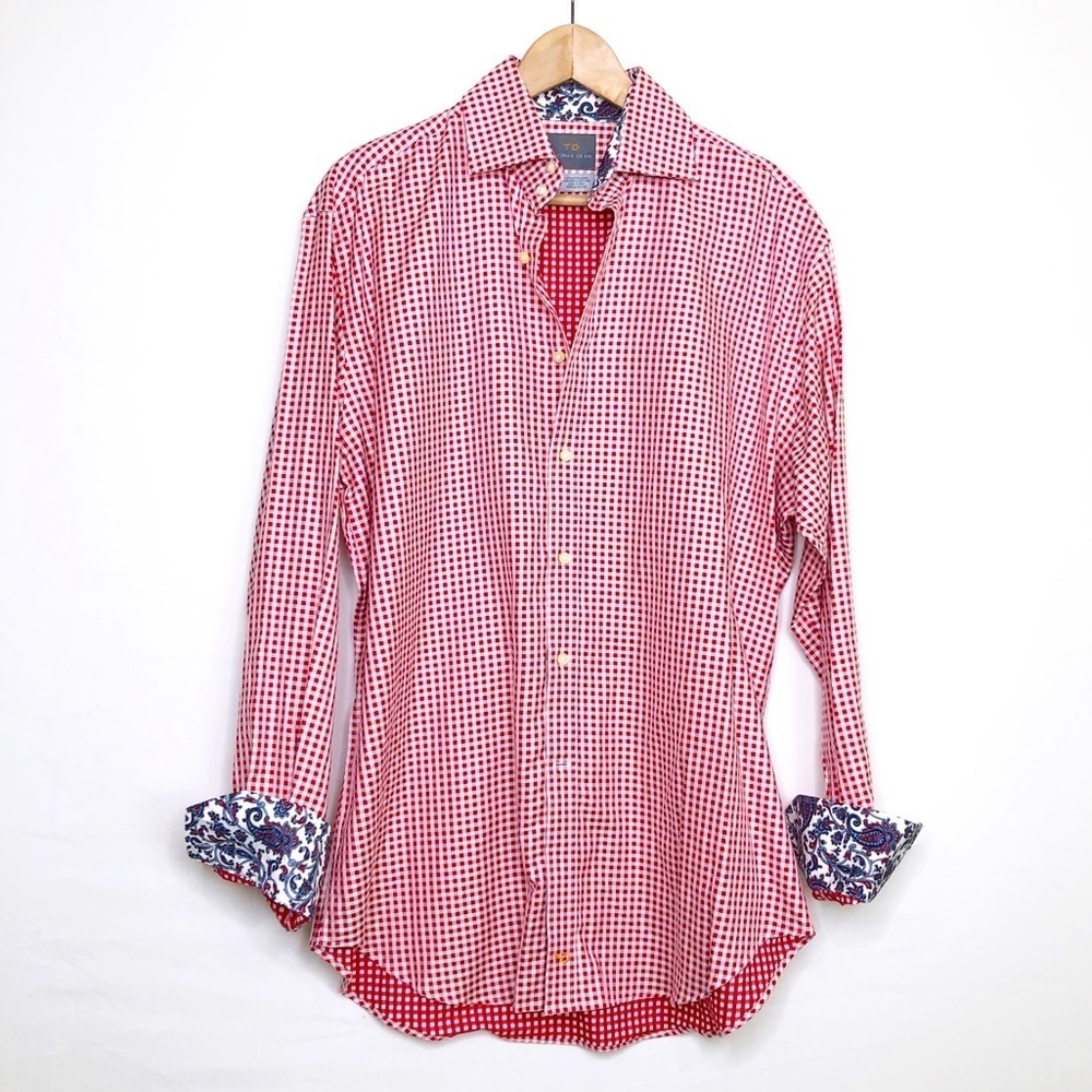 Thomas dean, red and white micro check button down shirt